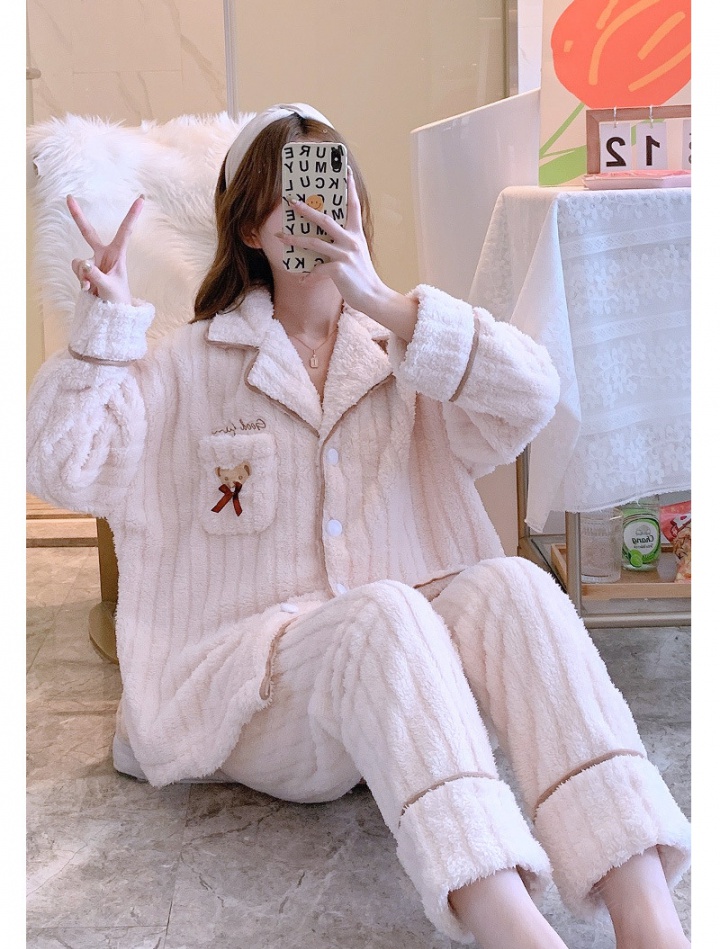 Plus velvet cardigan thermal pajamas 2pcs set for women