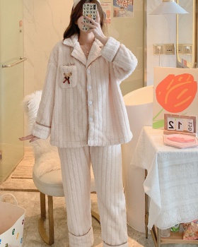 Plus velvet cardigan thermal pajamas 2pcs set for women