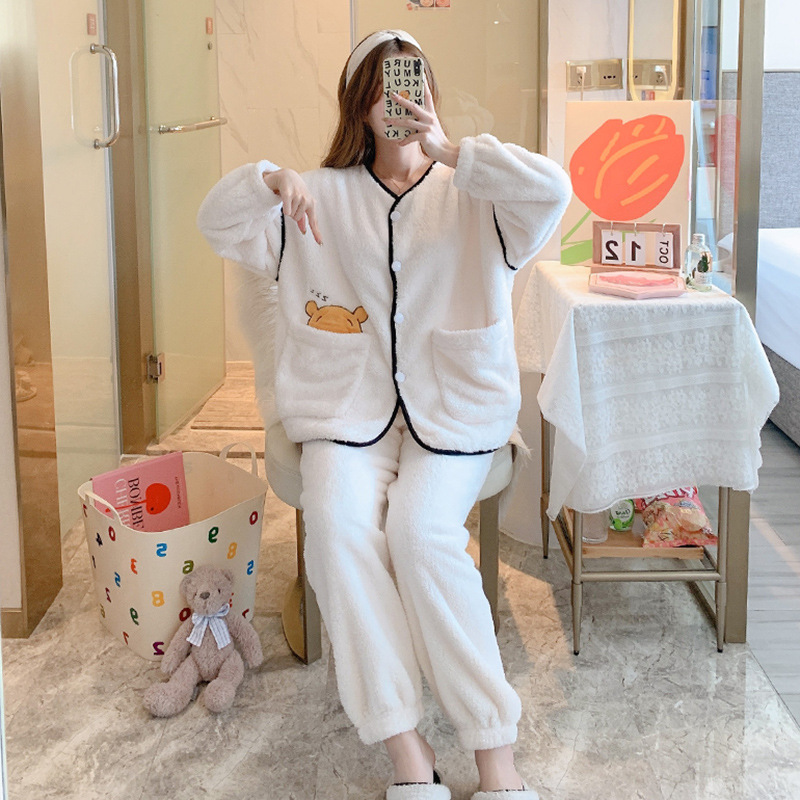 Long hair homewear cardigan thick pajamas 2pcs set for women