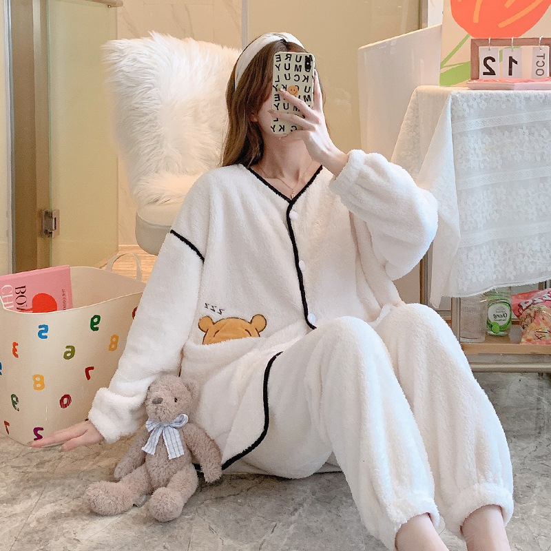 Long hair homewear cardigan thick pajamas 2pcs set for women