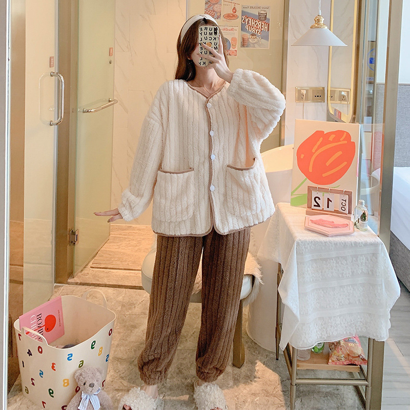 Long hair autumn and winter pajamas homewear cardigan 2pcs set