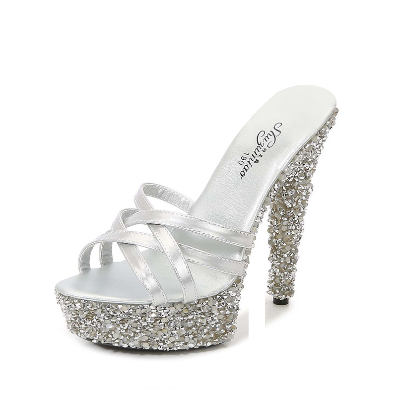 Rhinestone steel slippers thick high-heeled shoes