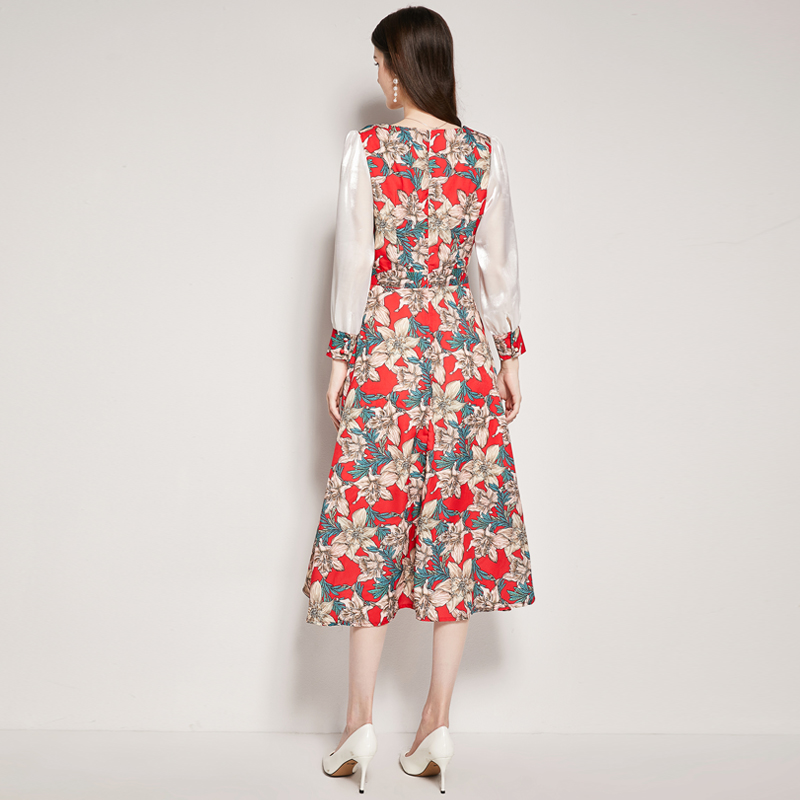 Pinched waist France style printing fashion dress