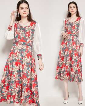 Pinched waist France style printing fashion dress