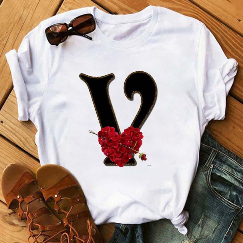 Letters short sleeve rose printing T-shirt for women