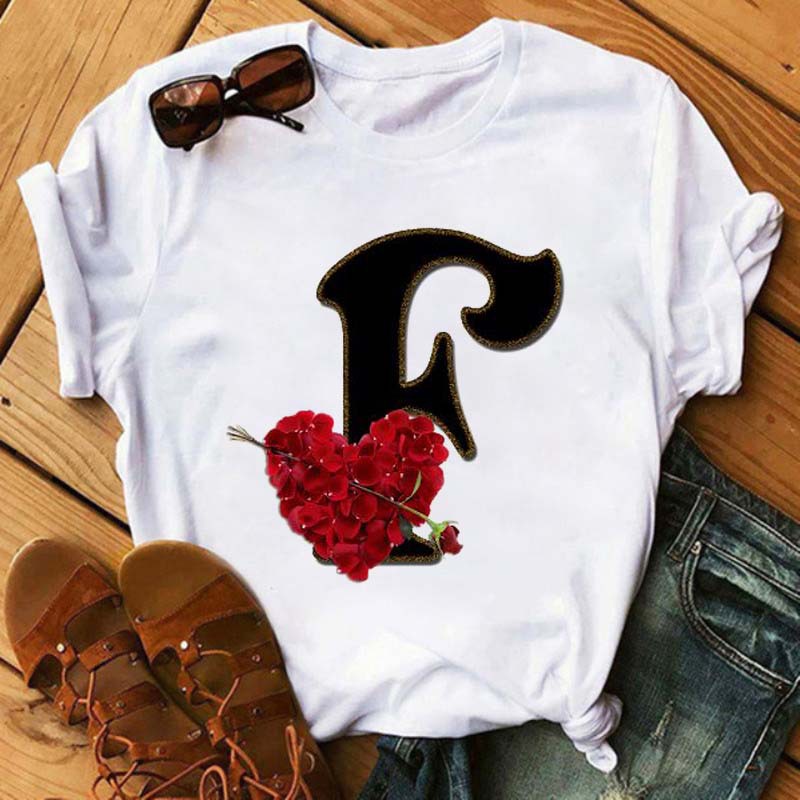 Letters short sleeve rose printing T-shirt for women