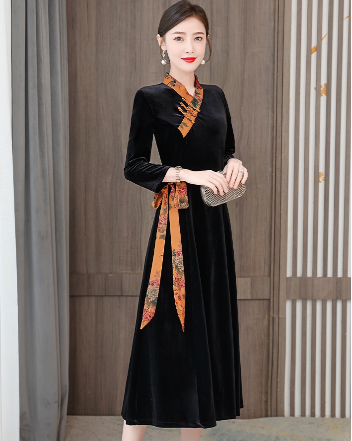 Autumn retro cheongsam black dress for women