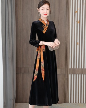 Autumn retro cheongsam black dress for women