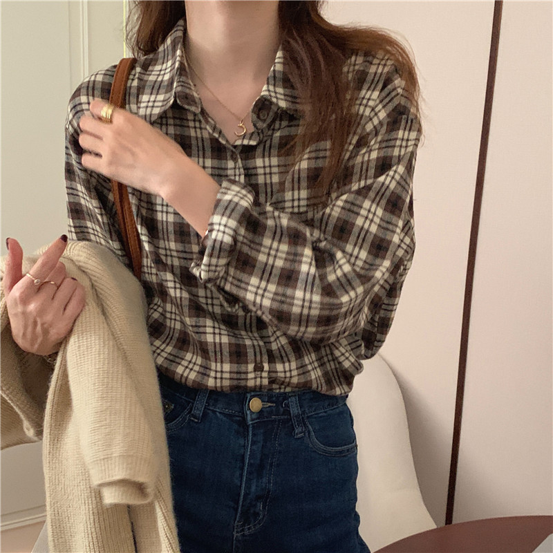 All-match Korean style plaid sueding long sleeve shirt