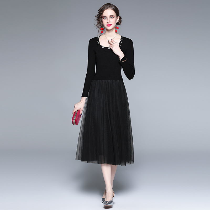 Splice bottoming knitted sweater slim black sweater dress