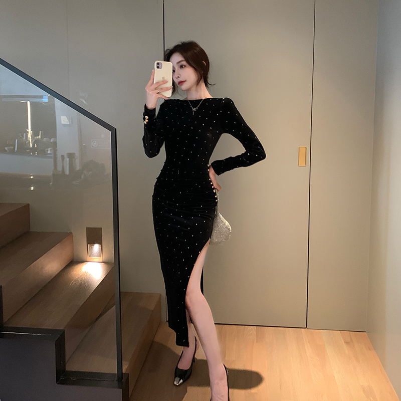 Autumn and winter velvet dress sexy long dress