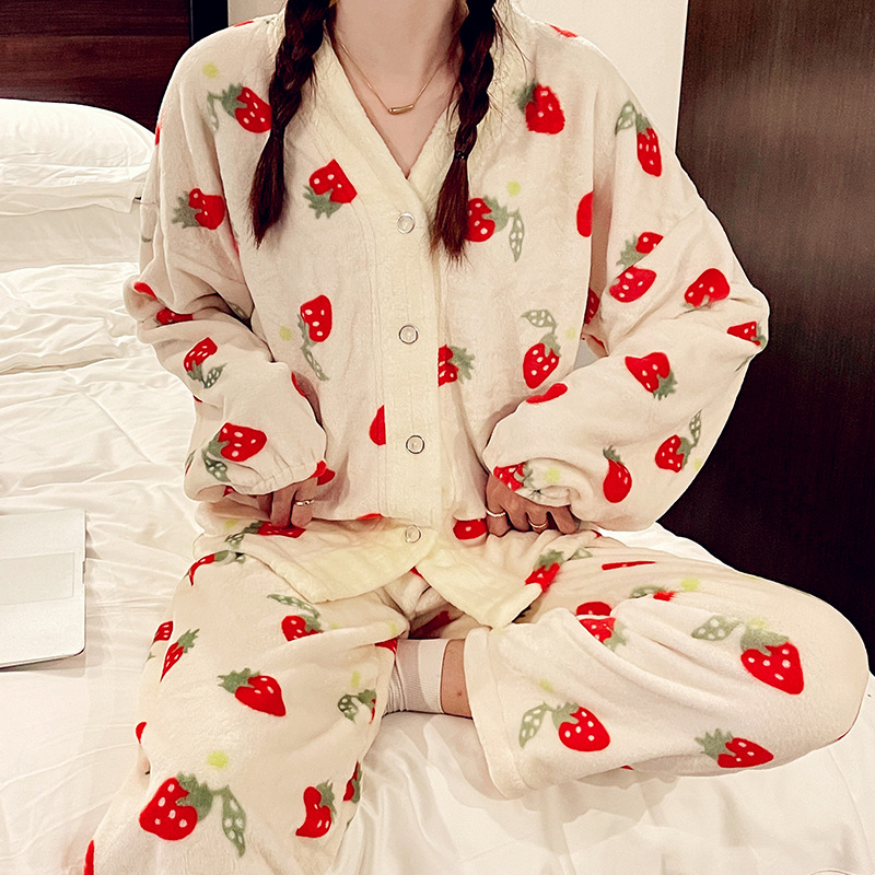 Simple coral velvet pajamas 2pcs set for women