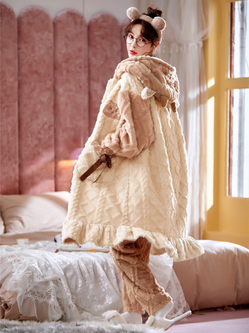 Winter long pajamas thick nightgown a set for women