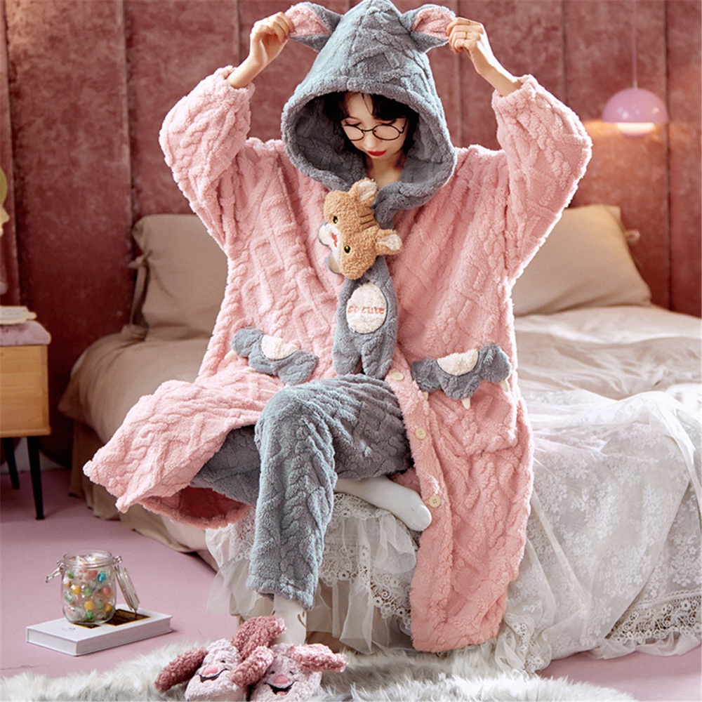 Winter long pajamas thick nightgown a set for women