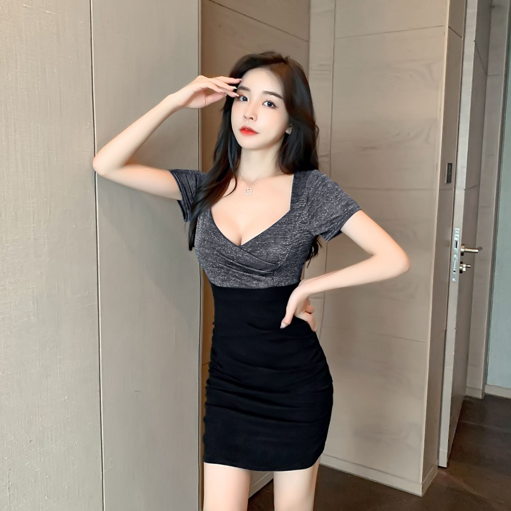 High elastic splice V-neck package hip sexy dress