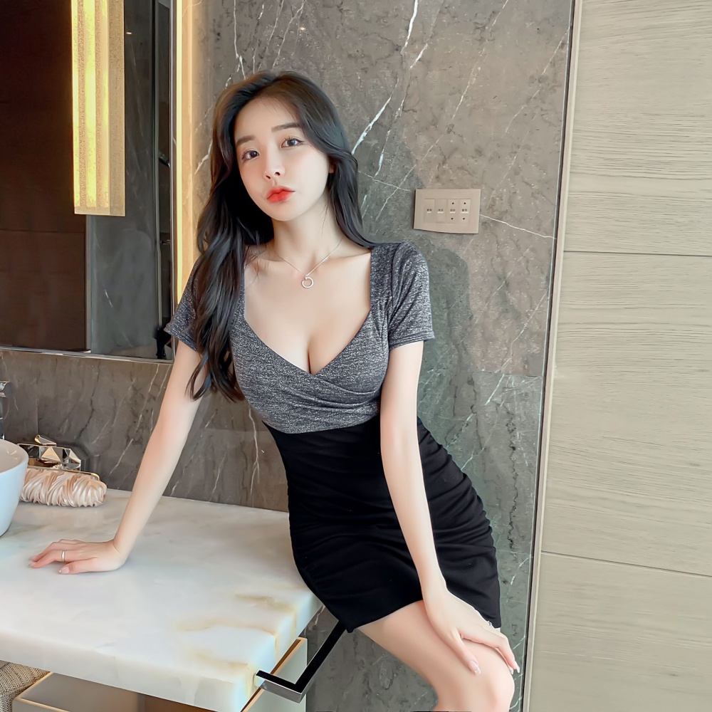 High elastic splice V-neck package hip sexy dress