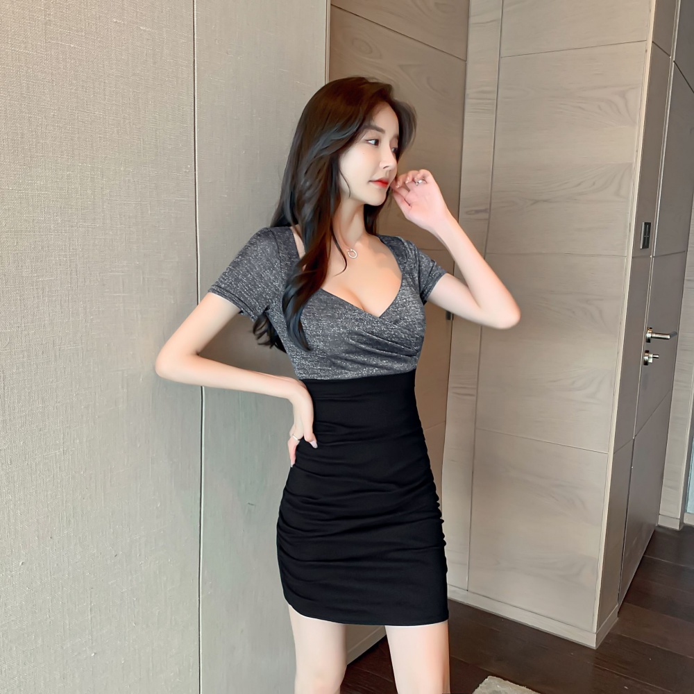 High elastic splice V-neck package hip sexy dress