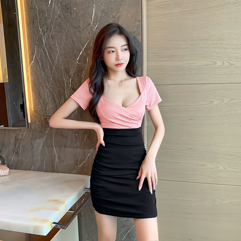 High elastic splice V-neck package hip sexy dress