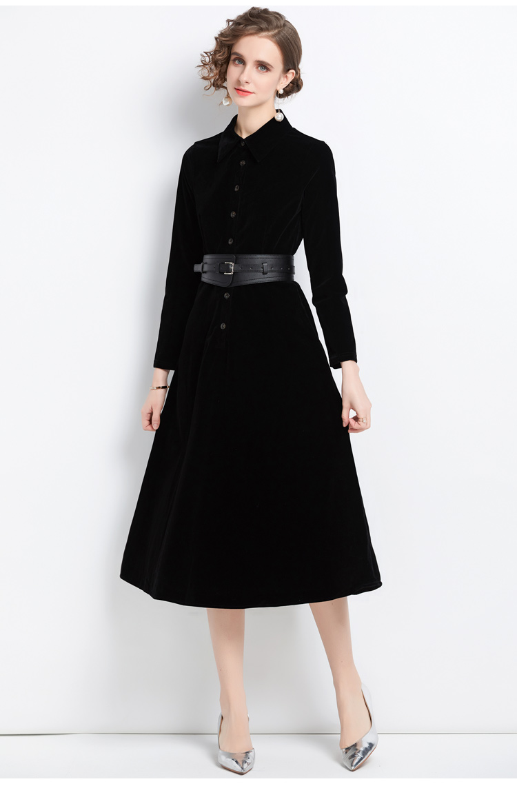 European style black with belt velvet big skirt dress for women