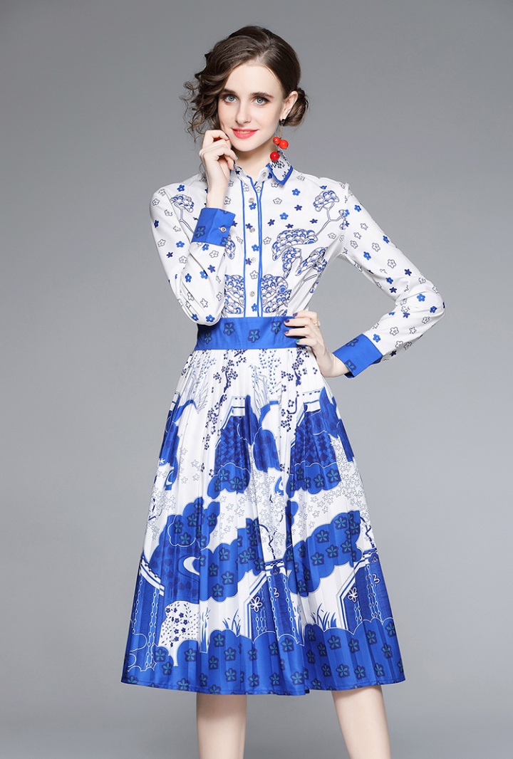 Pleated printing long retro slim dress