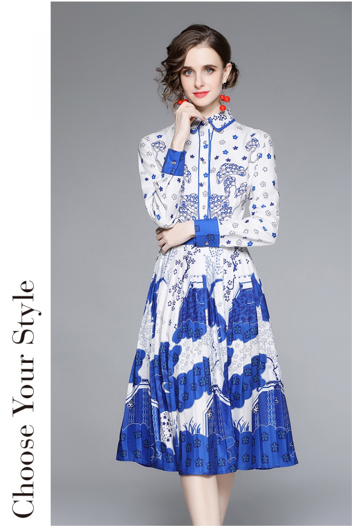 Pleated printing long retro slim dress