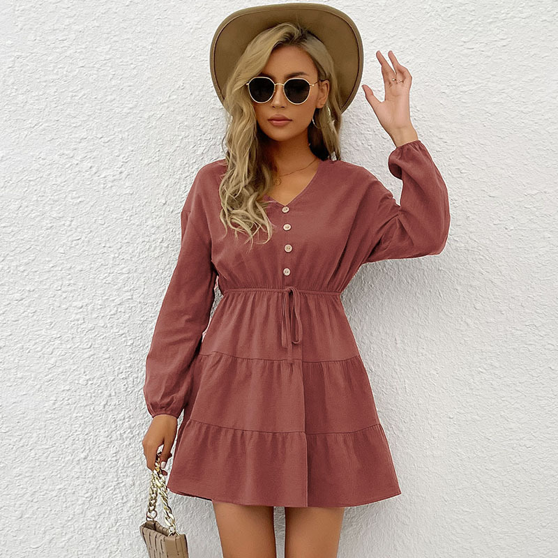 Buckles decoration pure autumn pullover dress