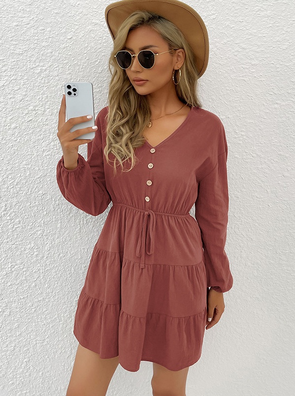 Buckles decoration pure autumn pullover dress