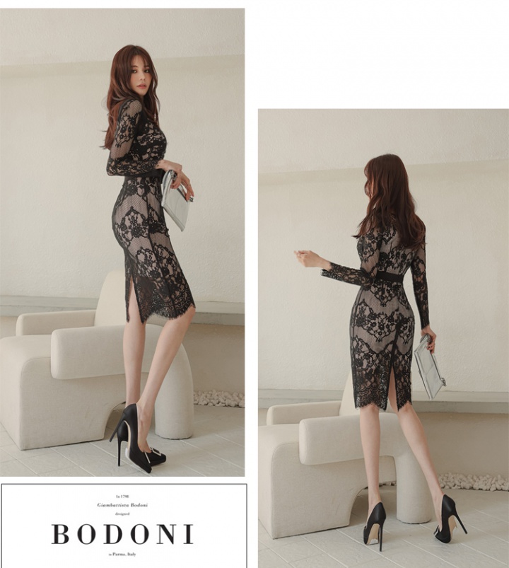 Lace splice winter package hip slim temperament dress