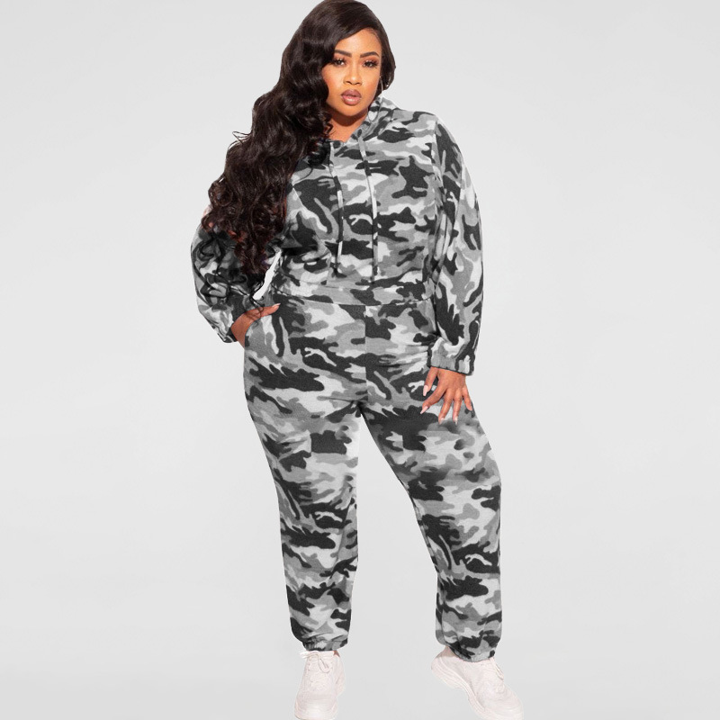 Large yard camouflage loose hoodie 2pcs set for women