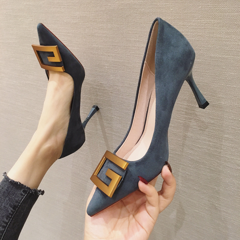 Hasp metal high-heeled shoes pointed shoes for women