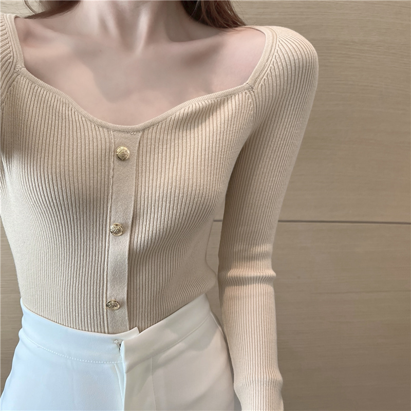 Square collar Western style temperament slim sweater for women