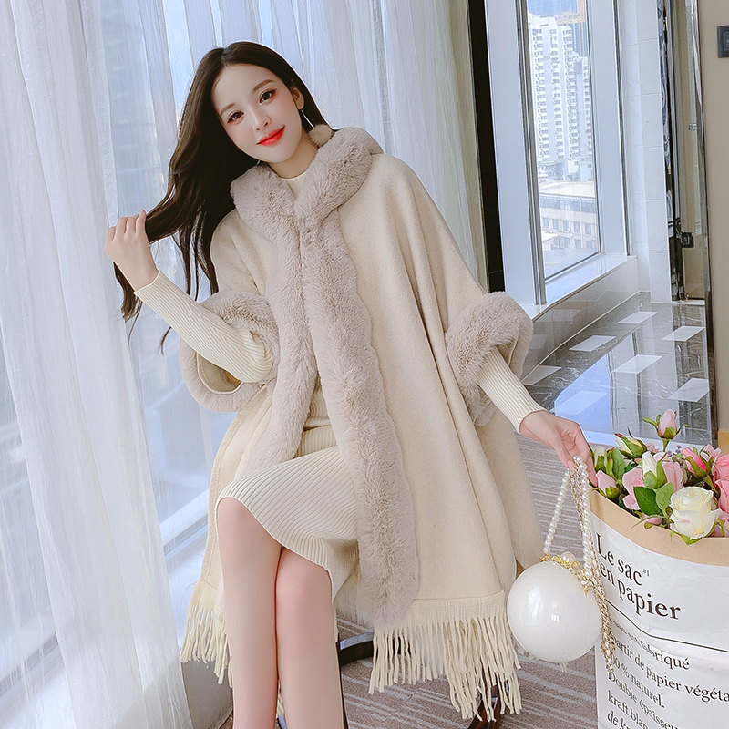 Tassels long coat large fur collar shawl for women
