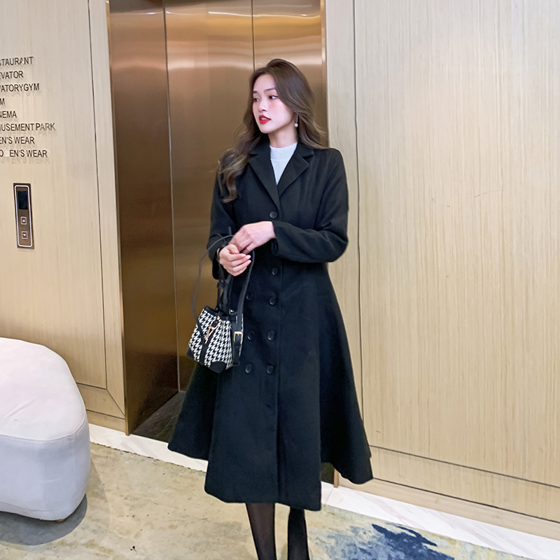 Black slim woolen coat exceed knee overcoat for women