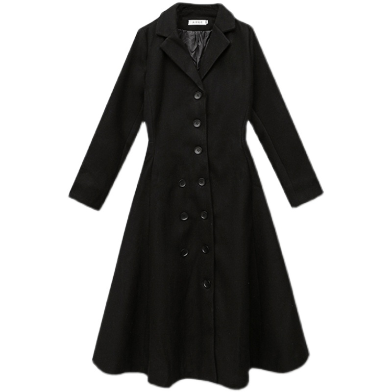 Black slim woolen coat exceed knee overcoat for women