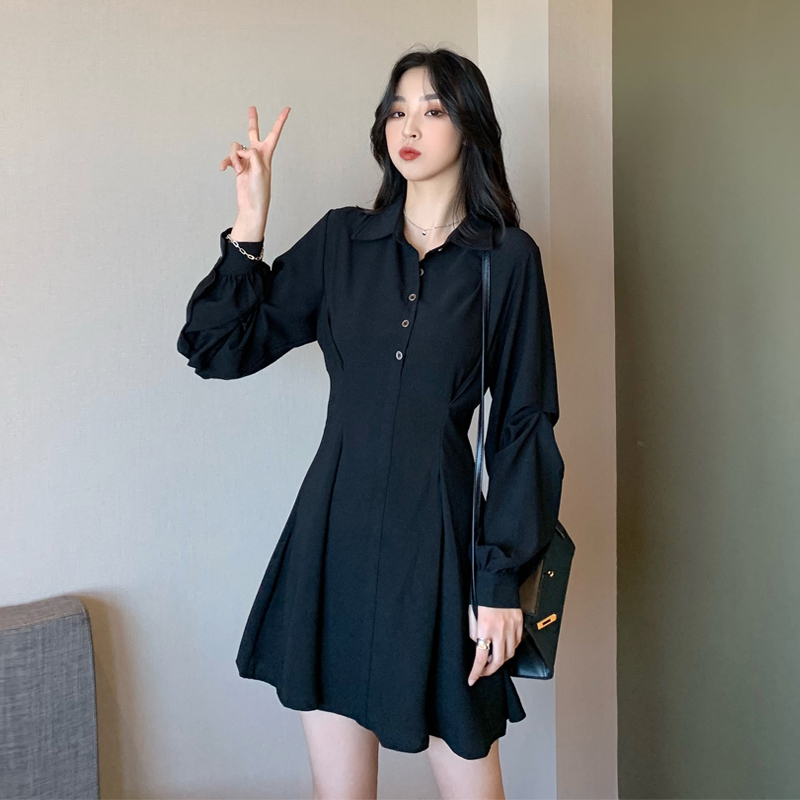 High waist temperament dress slim black shirt