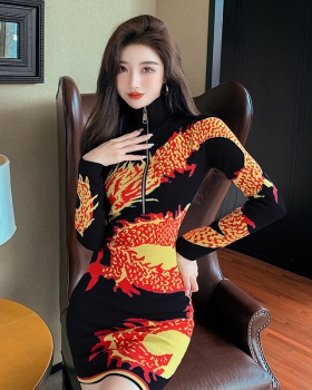 Long sleeve autumn and winter sweater mixed colors dress