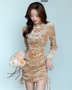 Light printing dress pinched waist velvet cheongsam