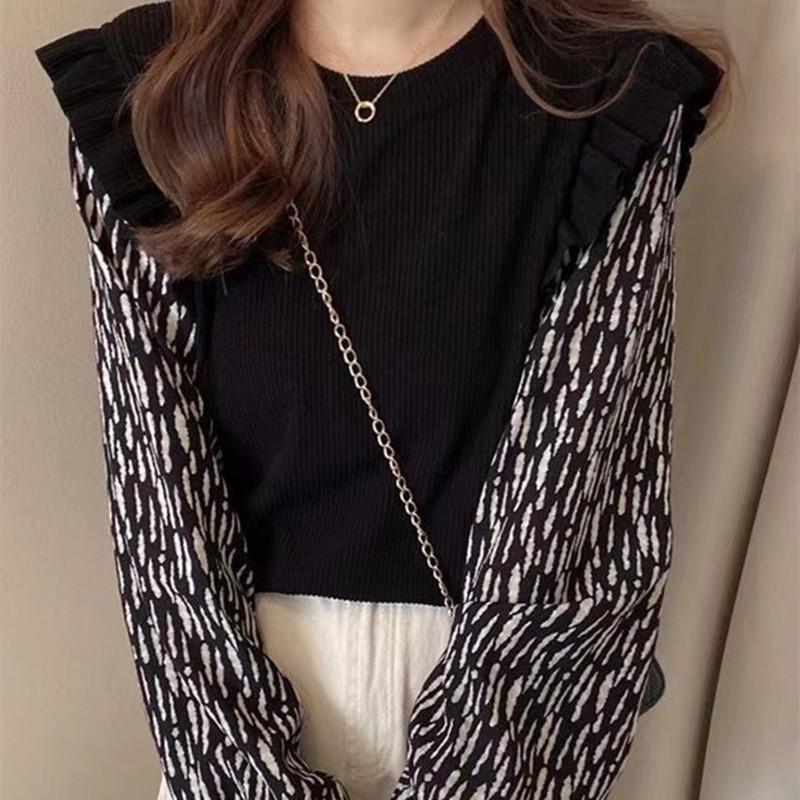 Pullover Korean style retro long sleeve splice sweater for women