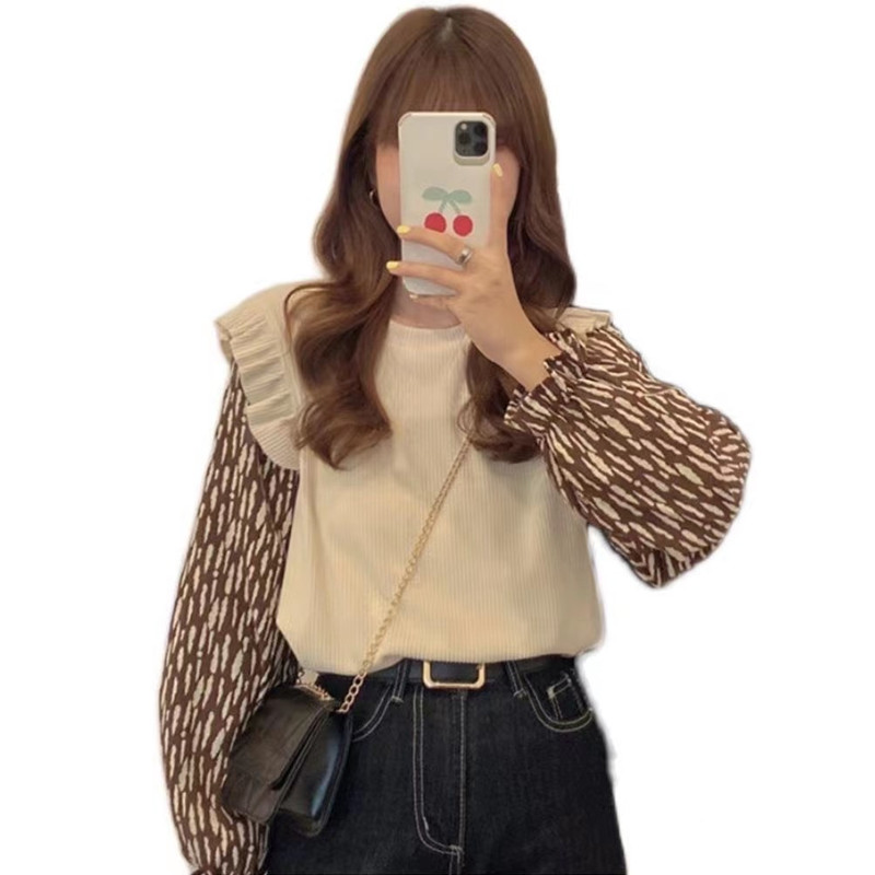 Pullover Korean style retro long sleeve splice sweater for women