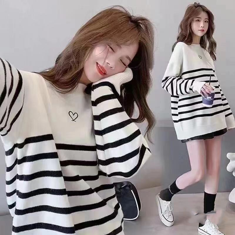 Heart black-white loose autumn and winter lazy sweater for women