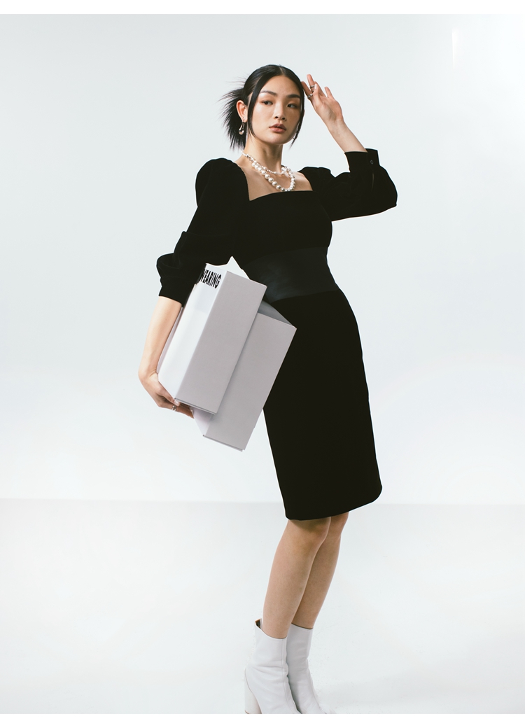 Lantern sleeve velvet dress black T-back for women