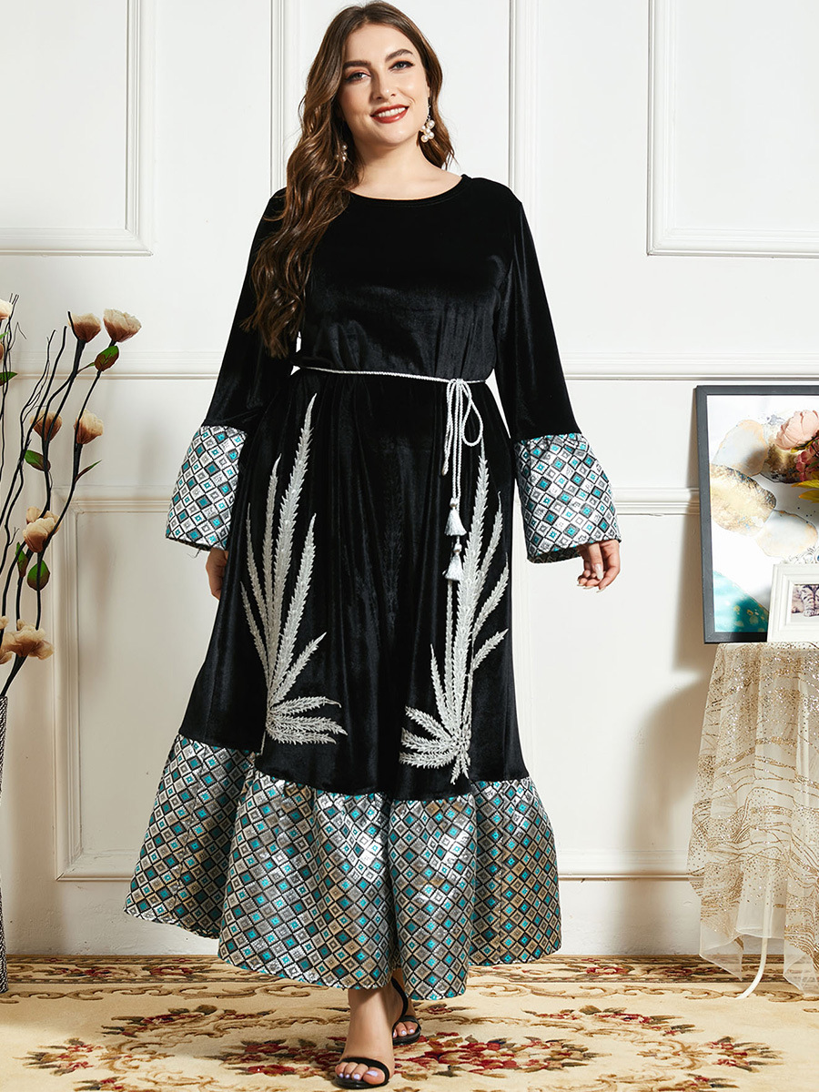 Velvet with belt long dress embroidered big skirt dress