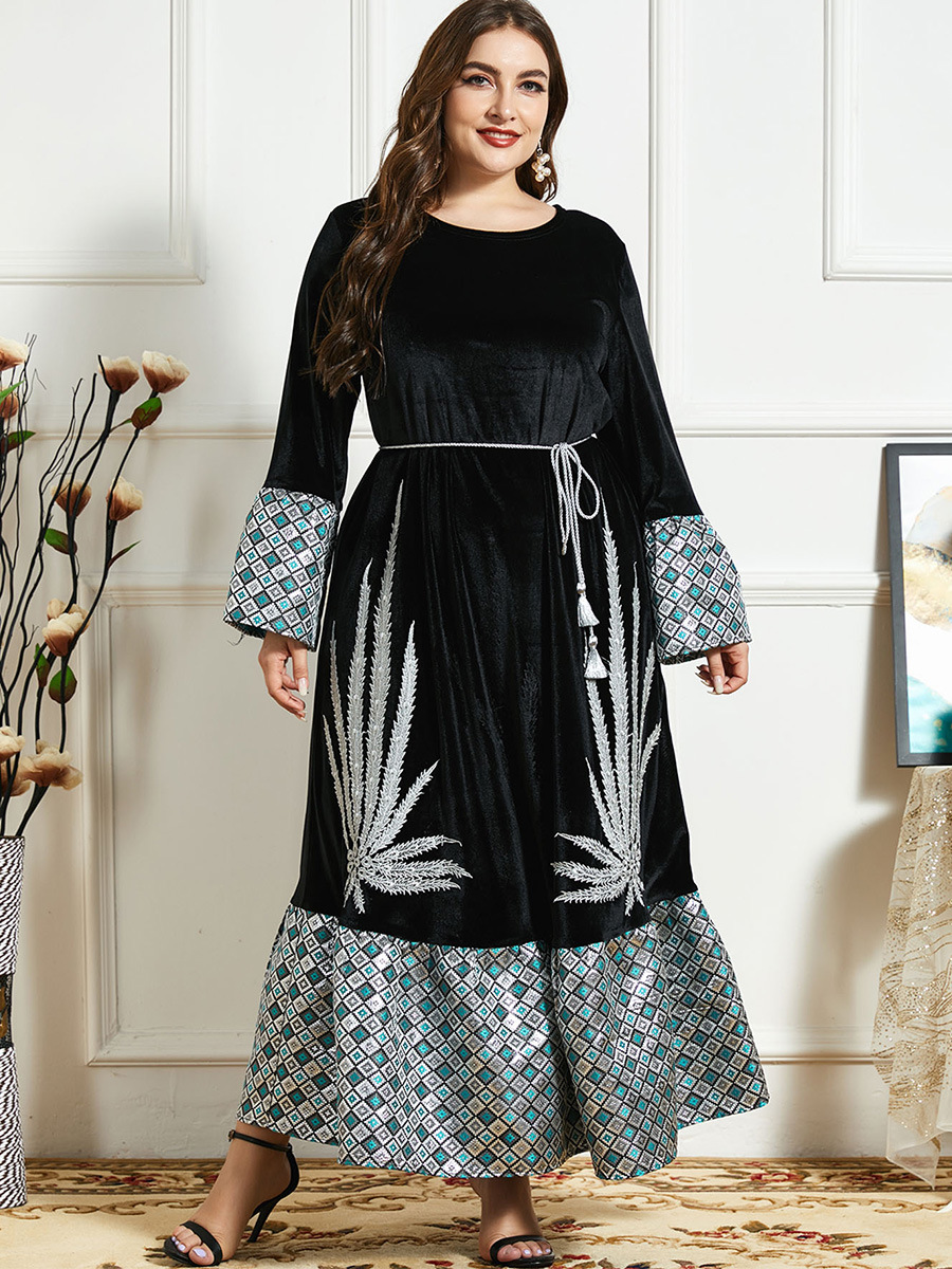 Velvet with belt long dress embroidered big skirt dress