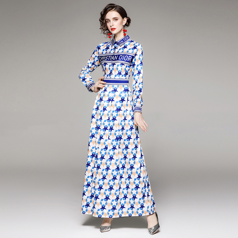 Fashion slim pinched waist all-match printing dress