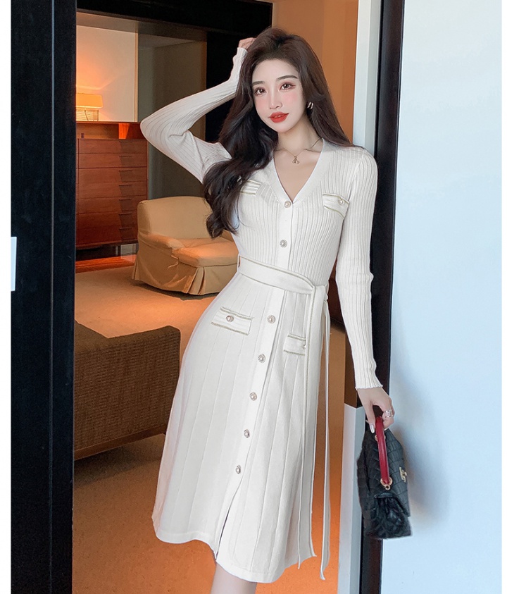 White temperament dress pinched waist slim long dress for women