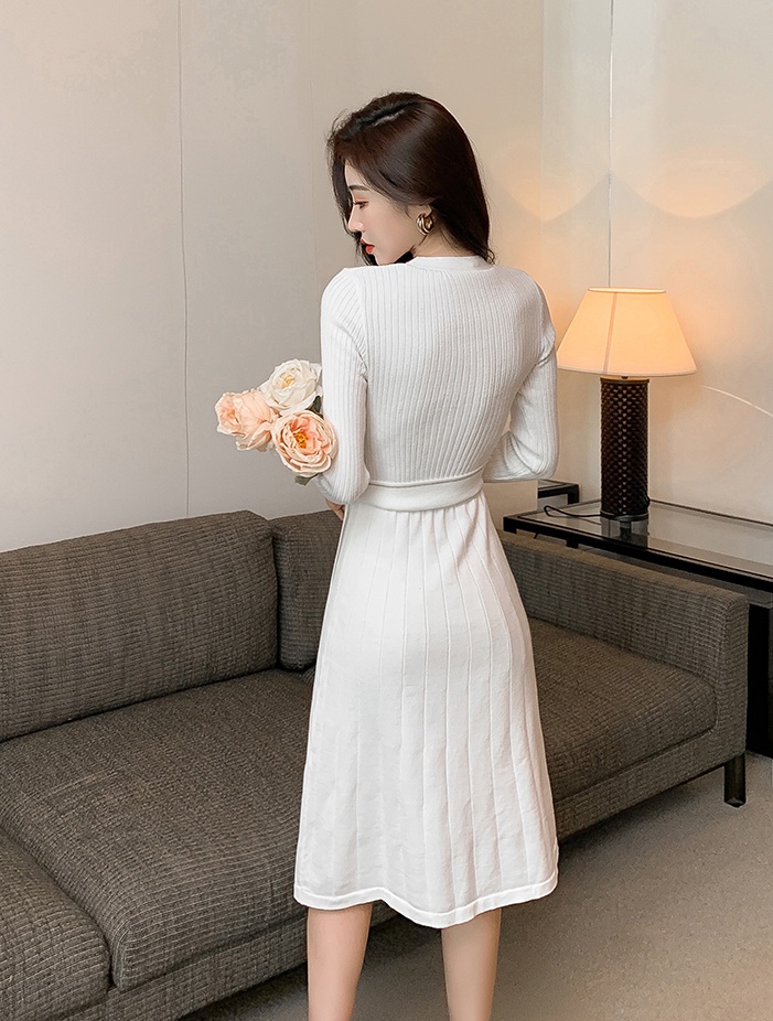 White temperament dress pinched waist slim long dress for women