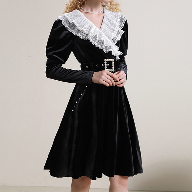 Beading black formal dress autumn and winter dress