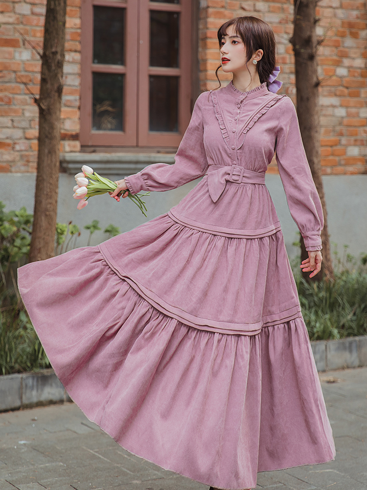 Retro art long dress purple dress for women