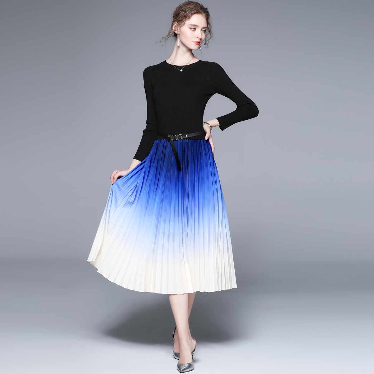 Mixed colors splice knitted pleated dress