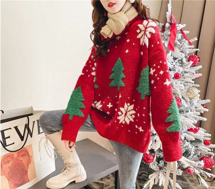 Christmas thick lazy tops red pullover sweater for women